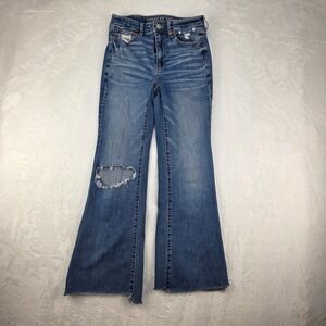 American Eagle Super Hi Rise‎ Flare Jeans Size 2 Medium Wash Raw Hem Stretch